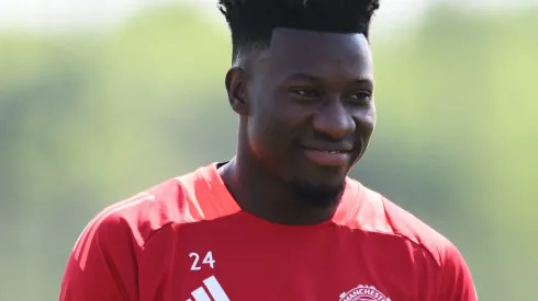 MANCHESTER, ENGLAND – MAY 20: Andre Onana of Manchester United reacts during a Manchester United training session ahead of the UEFA Europa League Final 2025 between Tottenham Hotspur and Manchester United at Carrington Training Ground on May 20, 2025 in Manchester, England. (Photo by Ben Roberts Photo/Getty Images)
