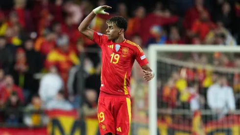 VALENCIA, SPAIN – MARCH 23: Lamine Yamal of Spain celebrates scoring his team's third goal during the UEFA Nations League Quarterfinal Leg Two match between Spain and Netherlands at Mestalla Stadium on March 23, 2025 in Valencia, Spain.  (Photo by Aitor Alcalde/Getty Images)