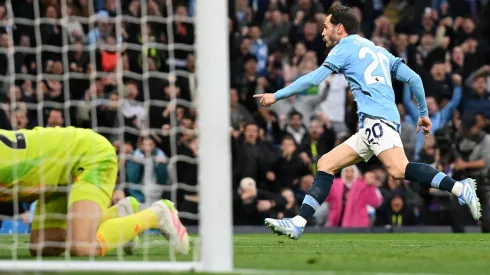 MANCHESTER, ENGLAND – APRIL 22: Bernardo Silva of Manchester City celebrates scoring his team's first goal during the Premier League match between Manchester City FC and Aston Villa FC at Etihad Stadium on April 22, 2025 in Manchester, England. (Photo by Michael Regan/Getty Images)