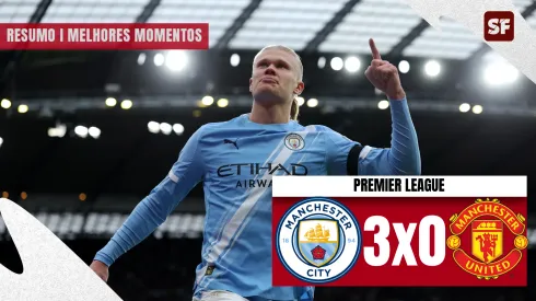 Erling Haaland marca contra o Manchester United. (Foto: Michael Regan/Getty Images)