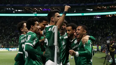 Jogadores do Palmeiras comemorando gol. Foto: Cesar Greco/Palmeiras