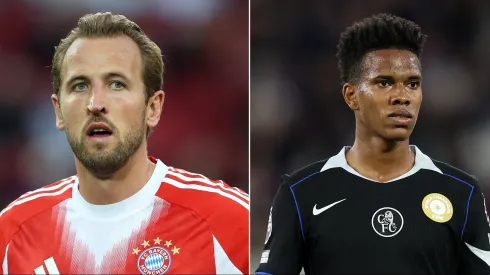 Harry Kane, centroavante do Bayern de Munique (Foto: Alexander Hassenstein/Getty Images) e Estêvão, do Chelsea (Foto:Julian Finney/Getty Images)