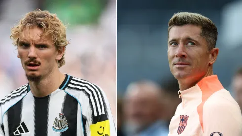 Nick Woltemade (Foto: Stu Forster/Getty Images) e Lewandowski, do Barcelona (Foto: George Wood/Getty Images)