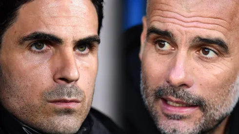 Mikel Arteta, treinador do Arsenal. (Photo by Justin Setterfield/Getty Images) e Pep Guardiola, do Manchester City (Photo by Alex Broadway/Getty Images)