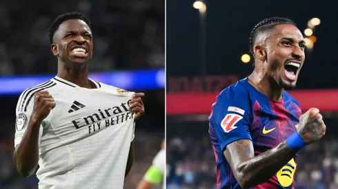 Vinicius Júnior, do Real Madrid (foto: Denis Doyle/Getty Images) e Raphinha, do Barcelona, brasileiros indicados para a Bola de Ouro (Foto: David Ramos/Getty Images)