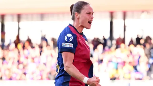 BARCELONA, SPAIN – APRIL 20: Ewa Pajor of FC Barcelona celebrates scoring her team's first goal during the UEFA Women's Champions League Semi-Final first leg match between FC Barcelona and Chelsea FC Women at Estadi Johan Cruyff on April 20, 2025 in Barcelona, Spain. (Photo by David Ramos/Getty Images)