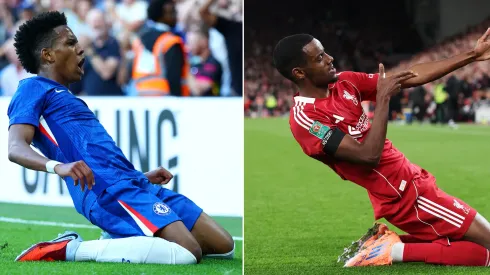 Estêvão, do Chelsea (esquerda – Foto: Bryn Lennon/Getty Images) e Alexader Isak, do Liverpool (direita – Foto: Stu Forster/Getty Images)