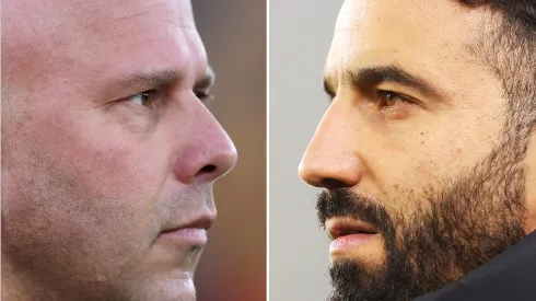 Arne Slot, do Liverpool, e Ruben Amorim, do Manchester United. Fotos: Alex Livesey e Naomi Baker