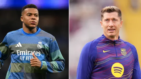Mbappé (Foto: Denis Doyle/Getty Images) é o mais bem pago do elenco na lista em Real Madrid x Barcelona. Lewandowski segue o mesmo quesito no Barcelona  (Foto:Alex Caparros/Getty Images)