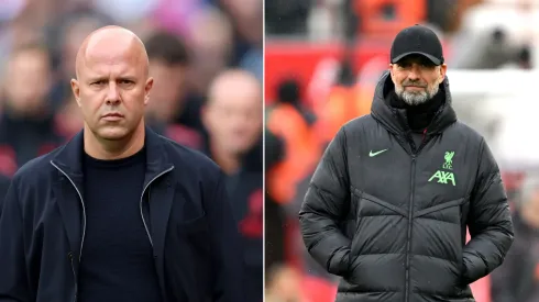 Jürgen Klopp, quando ainda estava do Liverpool (Foto: Michael Regan/Getty Images) e Arne Slot, treinador do time (Foto:  Tom Dulat/Getty Images)