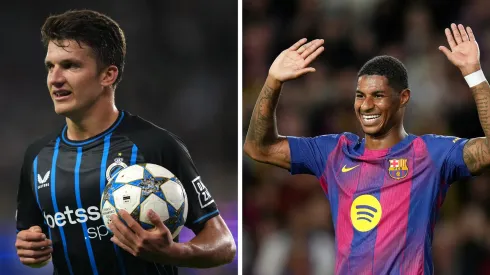 Tzolis, do Club Brugge e Rashford, do Barcelona, devem estar na partida pela Champions League (Foto Alex Bierens de Haan/Getty Images) e (Foto: Alex Caparros/Getty Images)