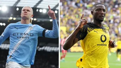 Haaland, centroavante do Manchester City (Foto: Michael Regan/Getty Images) e Guirassy, do Borussia Dortmund (Foto:Christof Koepsel/Getty Images). Jogadores devem se enfrentar em City x Dortmund nesta quarta (05)