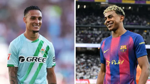 Antony, do Betis (Foto: Aitor Alcalde/Getty Images) e Lamine Yamal, do Barcelona (Foto: David Ramos/Getty Images). Jogadores se enfrentam em Betis x Barcelona neste sábado (06)
