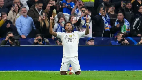 Rodrygo comemora seu primeiro gol na temporada. Florencia Tan Jun/Getty Images.