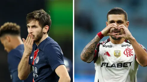 Khvicha Kvaratskhelia, do PSG (Foto: Carl Recine/Getty Images) e Giorgian de Arrascaeta, pelo Flamengo (Foto: Pedro H. Tesch/Getty Images)