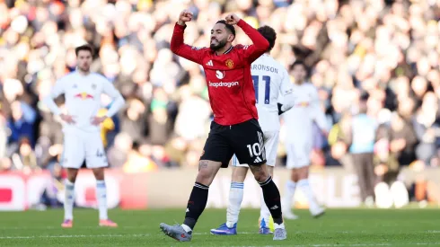 Matheus Cunha comemorando o gol marcado no jogo entre Leeds e Manchester United