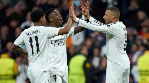 Mbappé, Vinícius e Rodrygo, o trio de ataque do Real Madrid. Foto: Angel Martinez/Getty Images