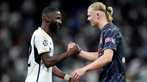Real Madrid recebe o Manchester City: Rudiger e Haaland. Foto: Angel Martinez/Getty Images.