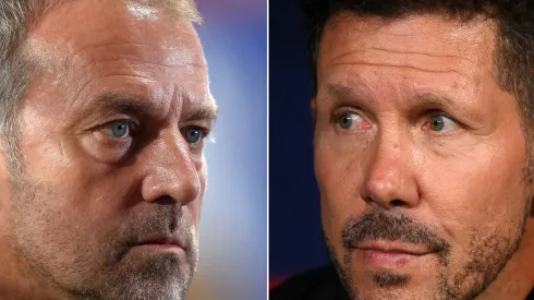 Hansi Flick e Diego Simeone, treinadores do Barcelona e do Atlético de Madrid, respetivamente. Foto e montagem: Getty