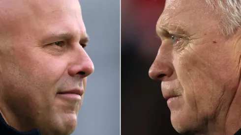 Frente a frente entre Arne Slot, treinador do Liverpool, e David Moyes, treinador do Everton. Foto: Warren Little/Getty Images