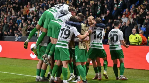 The New Saints a celebrarem o segundo golo contra o Astana. Foto: Imago