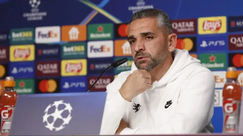 Rui Borges esteve na conferência de imprensa de antevisão ao RB Leipzig x Sporting. Foto: Site oficial do Sporting CP