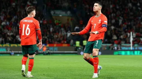 Cristiano Ronaldo festeja presença de Portugal nas meias-finais da Nations League.<br />
Foto: Getty Images.