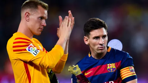 Ter Stegen e Messi no Barcelona, em 2015. Foto: David Ramos/Getty Images.