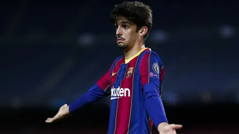 Francisco Trincao of FC Barcelona gestures during the UEFA Champions League Group G stage match between FC Barcelona and Dynamo Kyiv at Camp Nou on November 04, 2020 in Barcelona, Spain. (Photo by Eric Alonso/Getty Images)