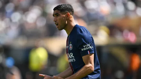 Achraf Hakini, do PSG, no jogo com o Real Madrid. Foto: David Ramos/Getty Images