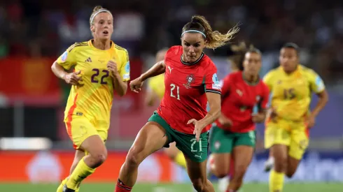 SION, SWITZERLAND – JULY 11: Ana Capeta of Portugal runs with the ball under pressure from Laura Deloose of Belgium during the UEFA Women's EURO 2025 Group B match between Portugal and Belgium at Stade de Tourbillon on July 11, 2025 in Sion, Switzerland. (Photo by Alexander Hassenstein/Getty Images)
