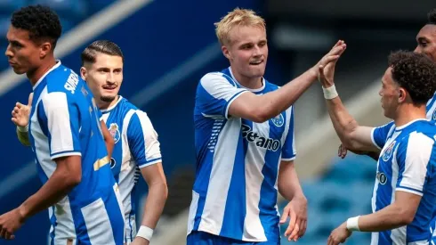 Victor Froholdt celebra com os companheiros de equipa o 3-0 apontado ao Famalicão, em jogo-treino à porta fechada.
