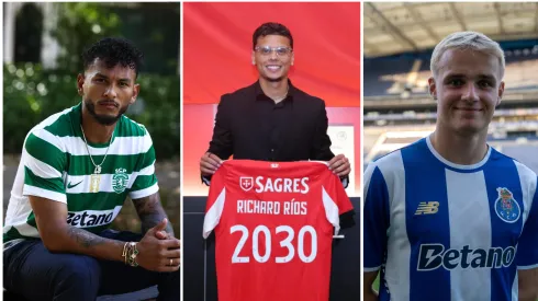 Luis Suárez, Richard Ríos e Viktor Froholdt são os reforços mais caros dos três grandes. Fotos dos sites de Sporting, Benfica e FC Porto