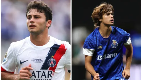 João Neves, jogador do PSG e ex-Benfica, e Rodrigo Mora, jogador do FC Porto, estão nomeados para o Troféu Kopa da Bola de Ouro. Fotos: Getty Images