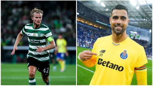Morten Hjulmand e Diogo Costa, os respetivos capitães de leões e dragões. Fotos: Sporting CP e FC Porto