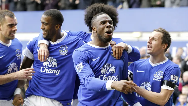 Everton's Victor Anichebe (centre) celebrates scoring his teams second goal of the game with teammates
