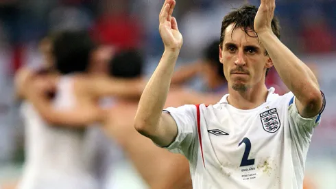 Gelsenkirchen, GERMANY: English defender Gary Neville acknowledges the applause at the end of the World Cup 2006 quarter-final football game England vs. Portugal, 01 July 2006 at Gelsenkirchen stadium. Portugal won 3-1 on penalties. AFP PHOTO / DDP / VOLKER HARTMANN (Photo credit should read VOLKER HARTMANN/AFP/Getty Images)
