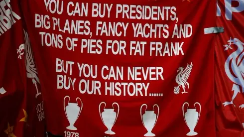 Liverpool, England - Tuesday, May 1, 2007: Liverpool's fans hold a banner - You can buy presidents, big planes, fancy yachts and tons of pies for fat frank, but you can never buy our history, in Kop before the UEFA Champions League Semi-Final 2nd Leg match against Chelsea at Anfield. (Pic by David Rawcliffe/Propaganda)