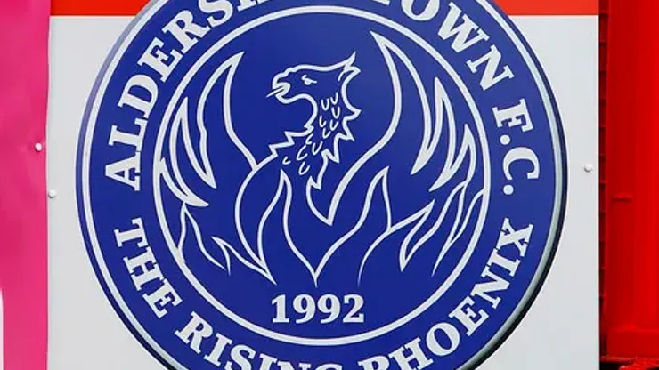 A view of the Aldershot Town club logo at the EBB Stadium, Aldershot.
