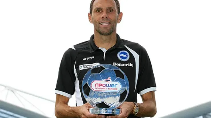 Pr Shoot – npower PR Shoot 09/09/2011 – The AMEX Stadium – 9/9/11 Brighton manager Gustavo Poyet with the Championship Manager of the Month trophy Mandatory Credit: Action Images / Peter Cziborra Livepic
