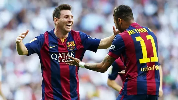 MADRID, SPAIN – OCTOBER 25: Lionel Messi and Neymar of FC Barcelona celebrate the first goal during the la Liga match between Real Madrid CF and FC Barcelona at Estadio Santiago Bernabeu on October 25, 2014 in Madrid, Spain. (Photo by Miguel Ruiz/FC Barcelona via Getty Images)
