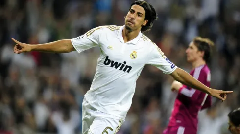 Real Madrid's German midfielder Sami Khedira celebrates after scoring during the Champions League group D football match between Real Madrid and Olympique Lyonnais at the Santiago Bernabeu stadium in Madrid on October 18, 2011. AFP PHOTO/JAVIER SORIANO (Photo credit should read JAVIER SORIANO/AFP/Getty Images)