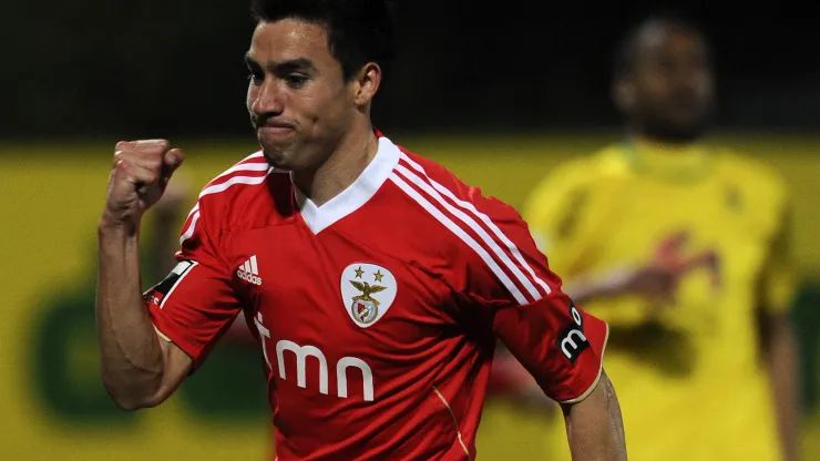 Benfica's Argentinian forward Nicolas Gaitan celebrates after scoring against Pacos Ferreira during their Portuguese football match at Mata Real Stadium in Pacos de Ferreira on March 11, 2012. AFP PHOTO/ FRANCISCO LEONG (Photo credit should read FRANCISCO LEONG/AFP/Getty Images)
