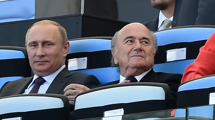 July 13, 2014; Rio de Janeiro, BRAZIL; Russian president Vladimir Putin and FIFA president Joseph Blatter in the stands before the championship match of the 2014 World Cup between the Argentina and the Germany at Maracana Stadium. Mandatory Credit: Tim Groothuis/Witters Sport via USA TODAY Sports
