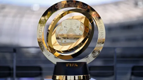A detailed view of the FIFA Club World Cup trophy.