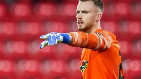 Freiburg goalkeeper Mark Flekken gestures against Hoffenheim. (Photo by Tom Weller/picture alliance via Getty Images)
