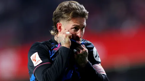 Sergio Ramos of Sevilla FC celebrates scoring their team's third goal during the LaLiga EA Sports match between Granada CF and Sevilla FC at Estadio Nuevo Los Carmenes on December 19, 2023 in Granada, Spain.