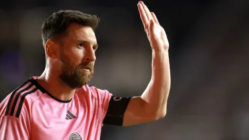 Lionel Messi #10 of Inter Miami reacts during the first half against the Atlanta United during round one of the 2024 MLS Playoffs at Chase Stadium on October 25, 2024 in Fort Lauderdale, Florida.