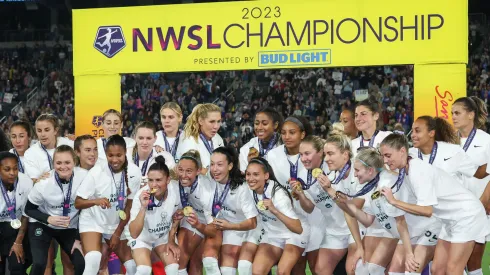 NJ/NY Gotham FC celebrate after winning the 2023 NWSL Championship against the OL Reign at Snapdragon Stadium on November 11, 2023 in San Diego, California.