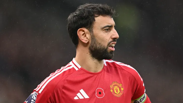 Bruno Fernandes of Manchester United looks on during the Premier League match between Manchester United FC and Leicester City FC at Old Trafford on November 10, 2024 in Manchester, England.